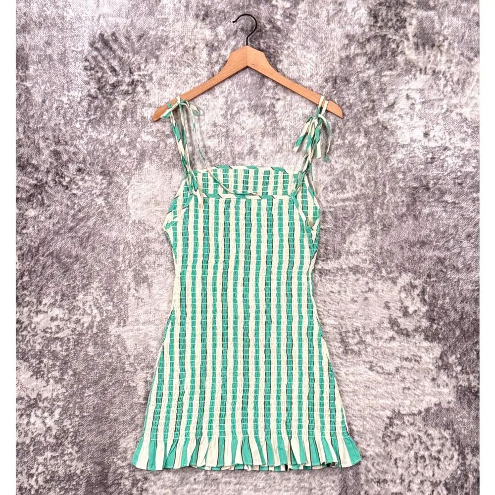 Free People Dress Small Womens Rylee Green Striped Smocked Mini